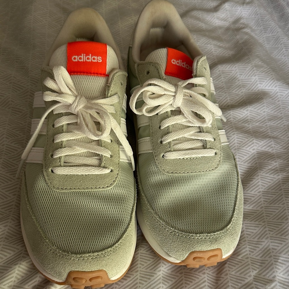 adidas Women's Light Sage and White Sneakers with Orange Tongue Patch